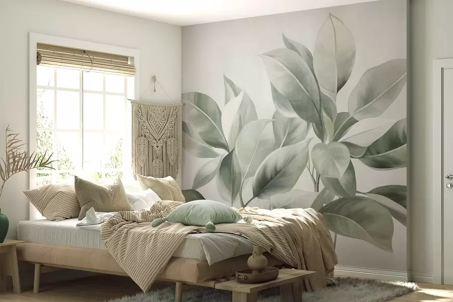 murales de pared Hojas de color verde claro sobre un fondo pálido y suave, con textura de estilo boho w09909