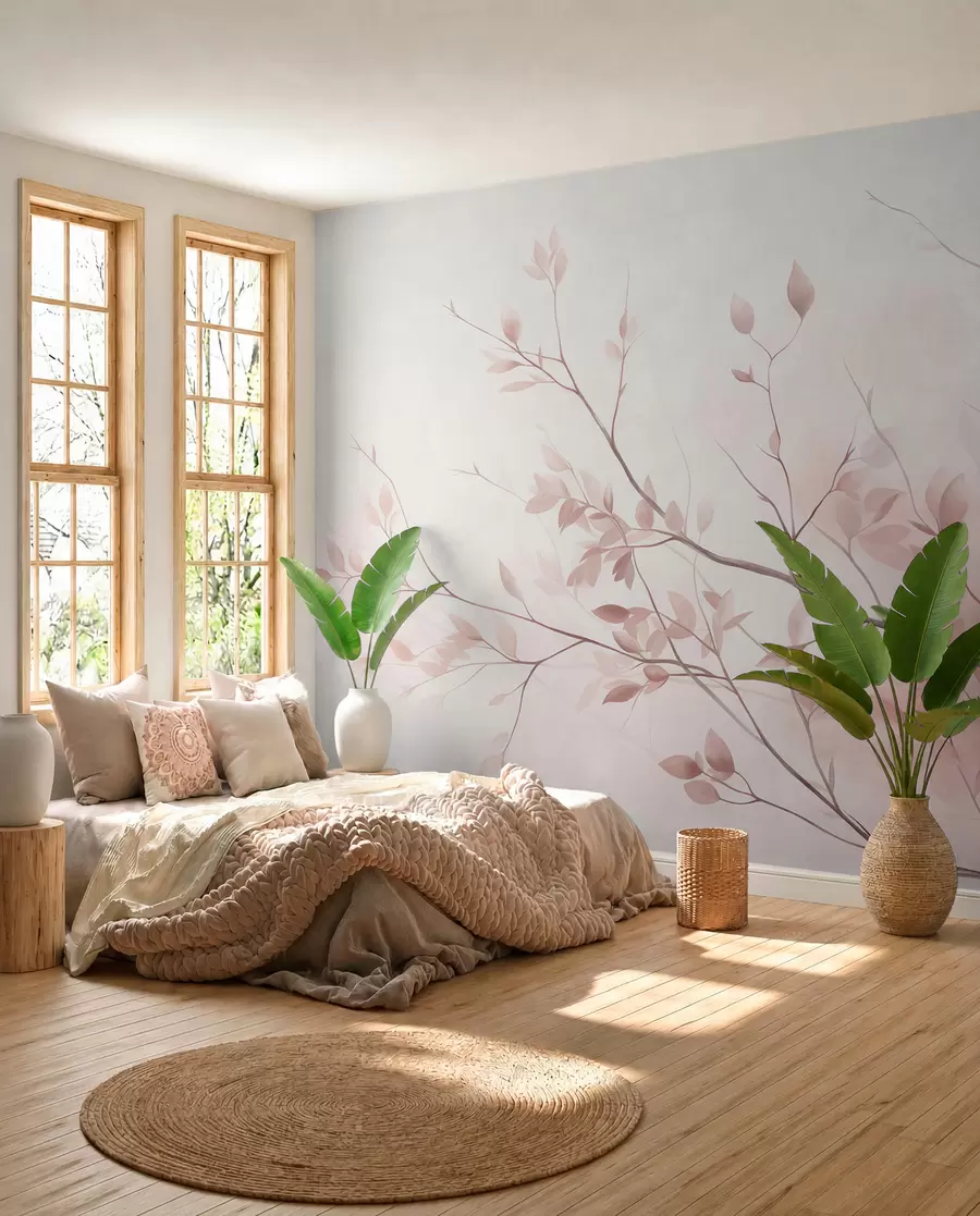 murales de pared Ramas delicadas con hojas de un rosa suave sobre un fondo pálido, al estilo de la acuarela w09910
