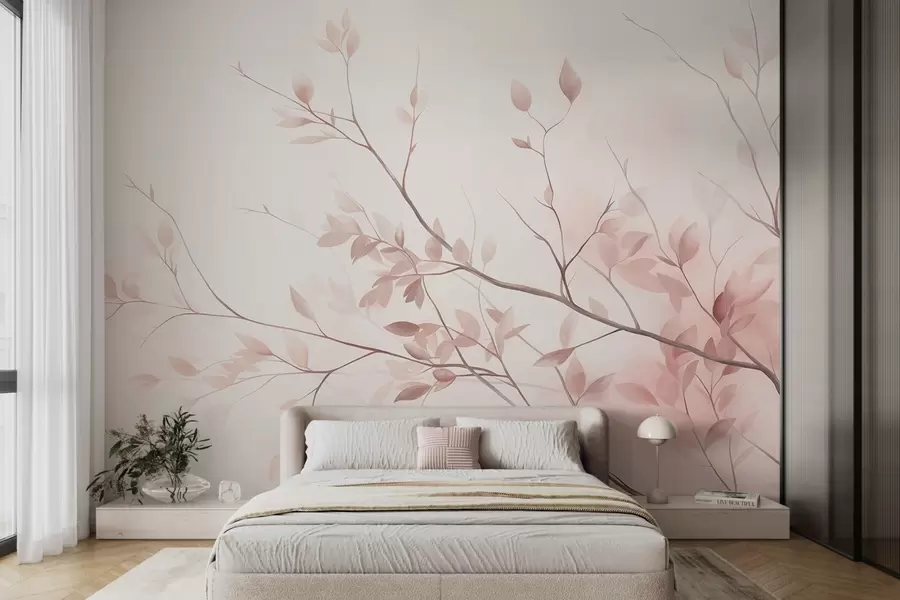 murales de pared Ramas delicadas con hojas de un rosa suave sobre un fondo pálido, al estilo de la acuarela w09910