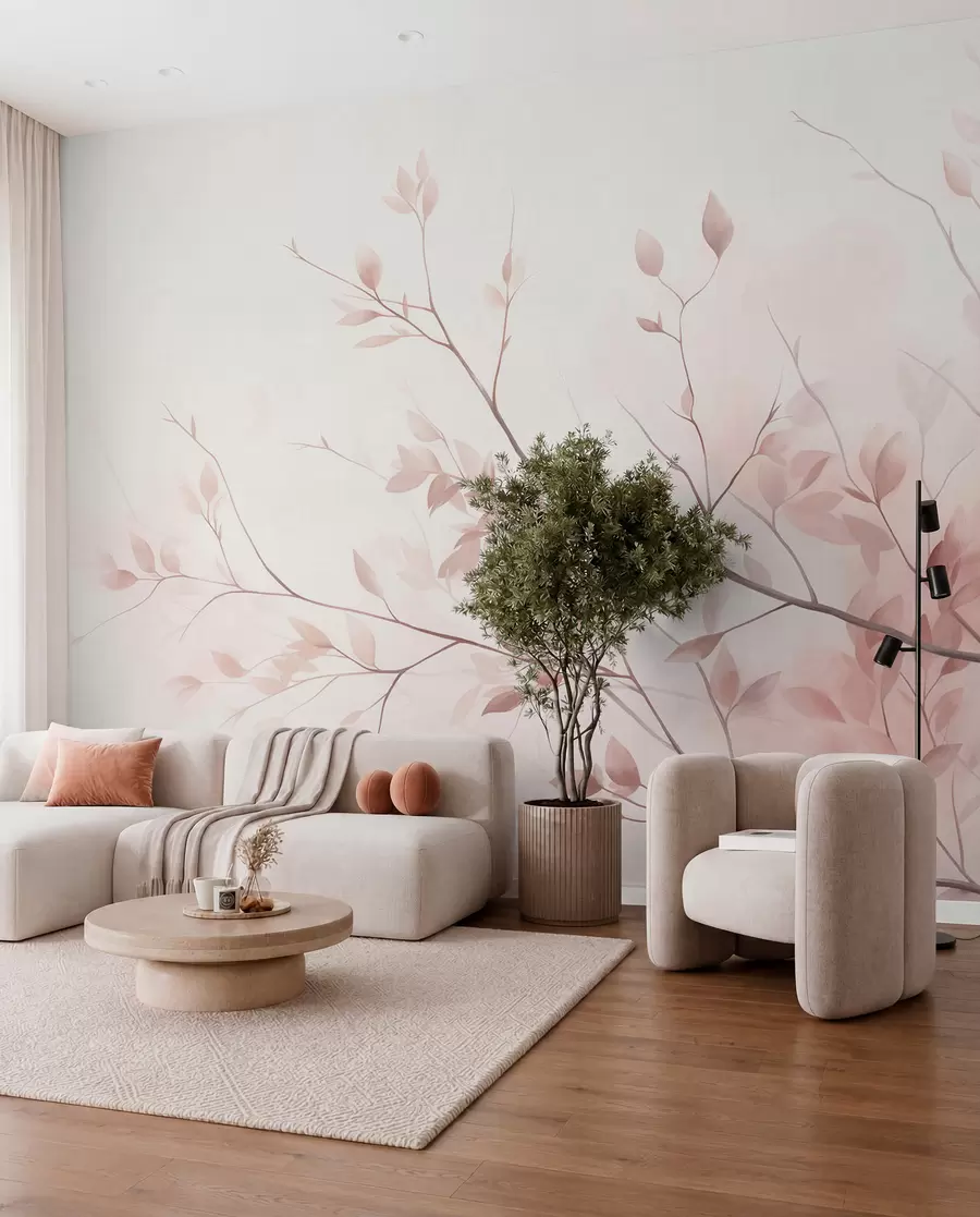 murales de pared Ramas delicadas con hojas de un rosa suave sobre un fondo pálido, al estilo de la acuarela w09910