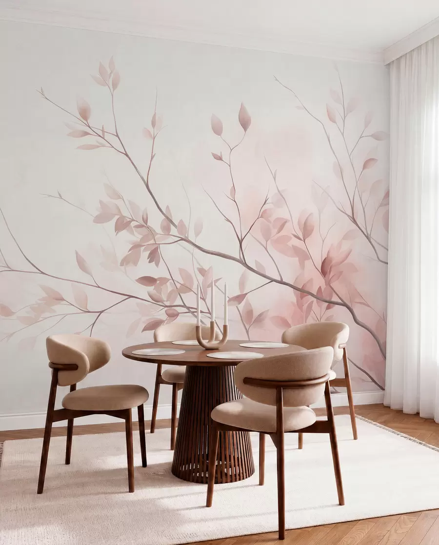 murales de pared Ramas delicadas con hojas de un rosa suave sobre un fondo pálido, al estilo de la acuarela w09910