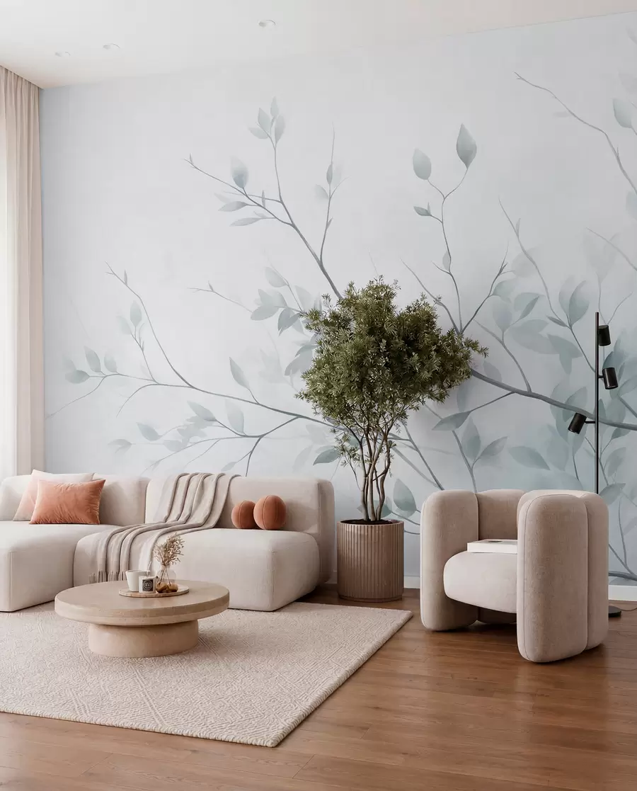murales de pared Ramas delicadas con hojas de un rosa suave sobre un fondo pálido, al estilo de la acuarela w09910v1