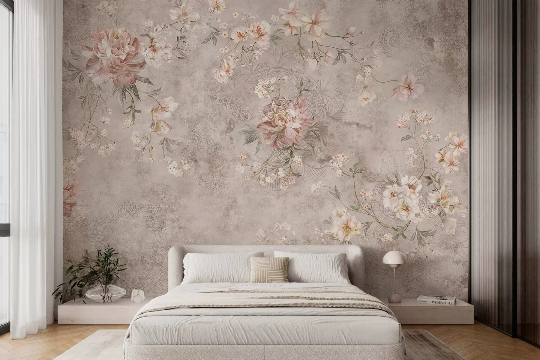 murales de pared Adorno floral sobre un fondo claro con textura w05698