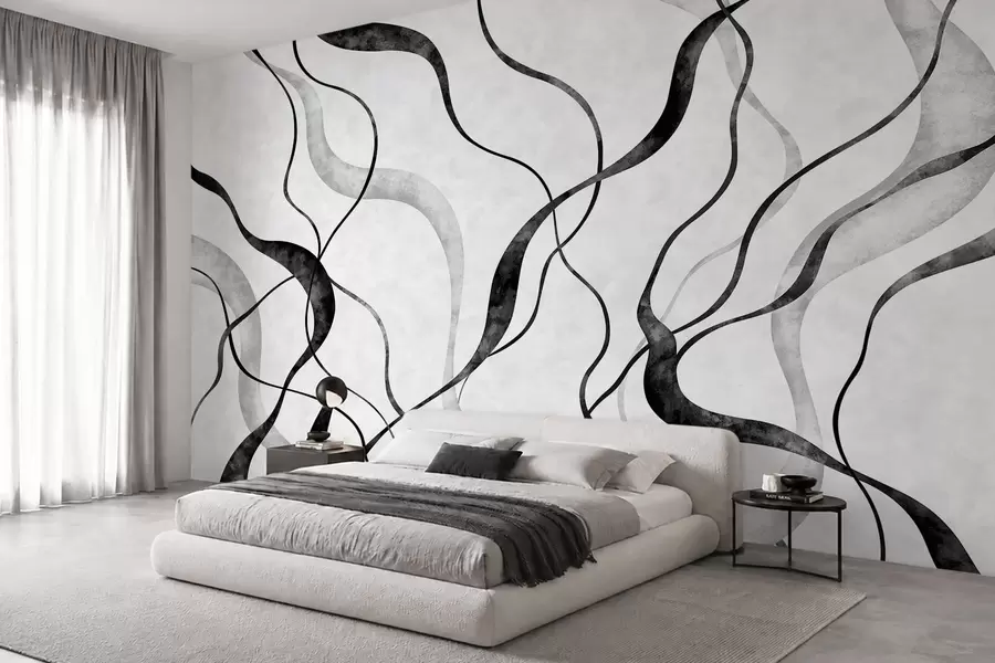 murales de pared Líneas fluidas y abstractas en tonos monocromáticos w05699