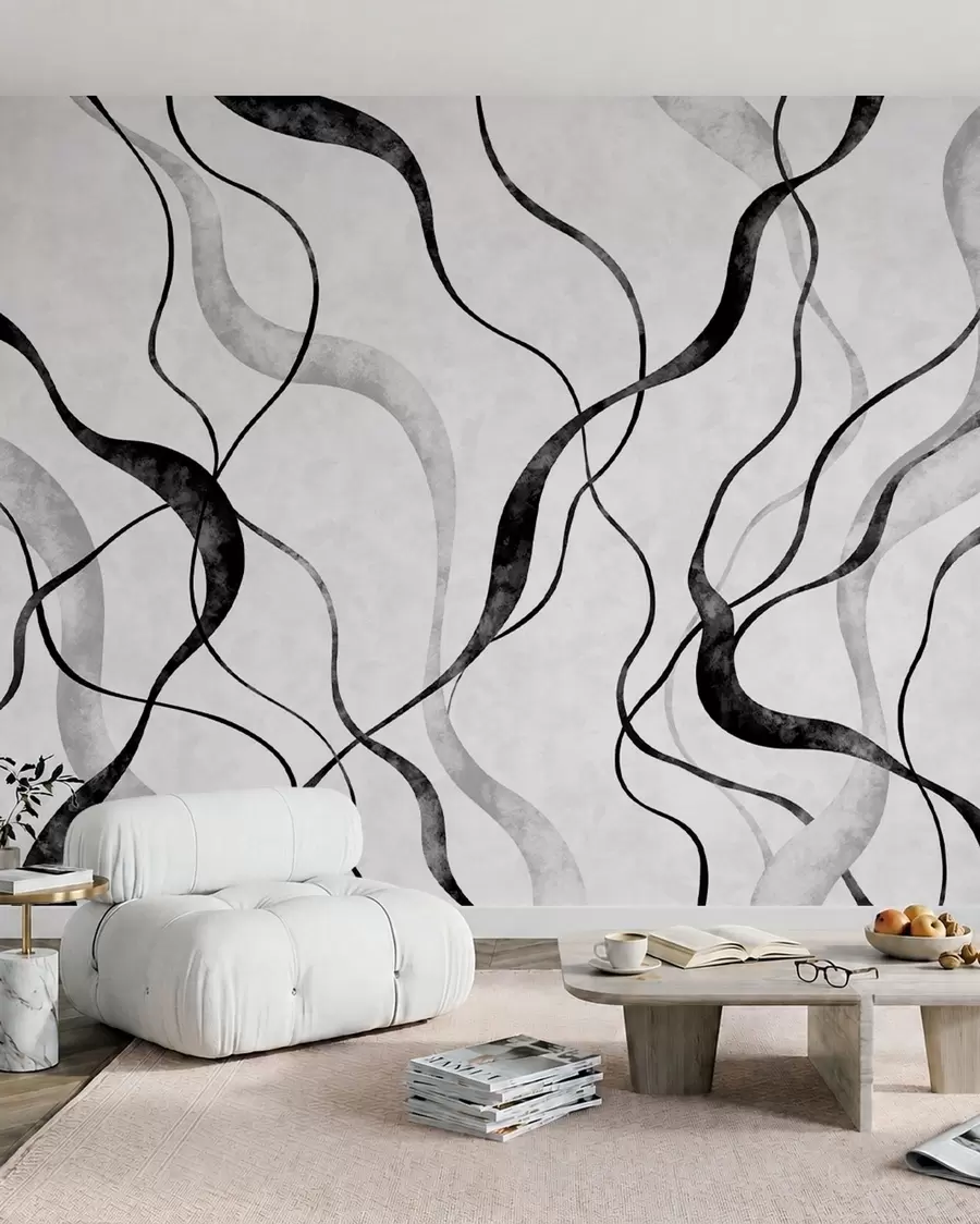 murales de pared Líneas fluidas y abstractas en tonos monocromáticos w05699