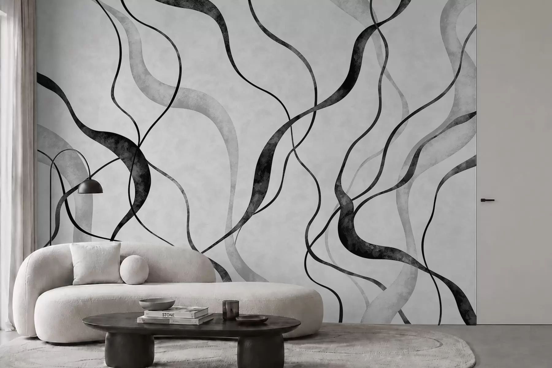 murales de pared Líneas fluidas y abstractas en tonos monocromáticos w05699