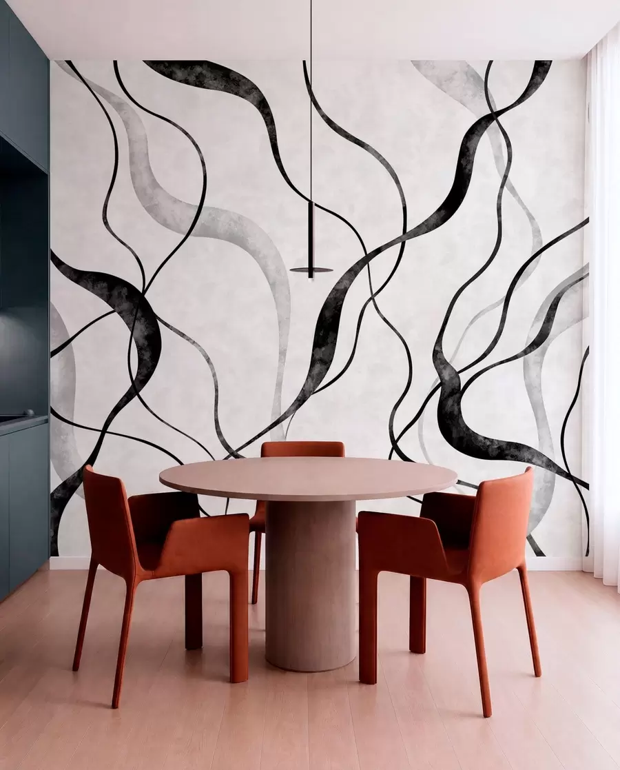 murales de pared Líneas fluidas y abstractas en tonos monocromáticos w05699
