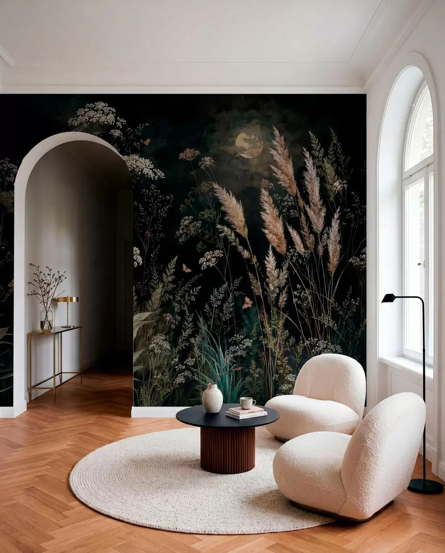 murales de pared Pradera a la luz de la luna con hierbas y flores silvestres w05701
