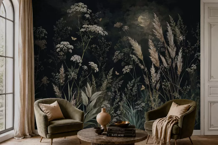 murales de pared Pradera a la luz de la luna con hierbas y flores silvestres w05701