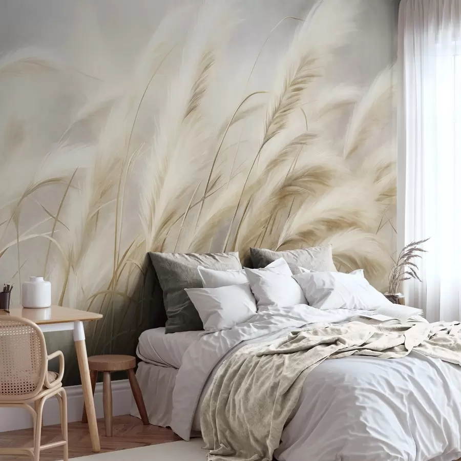 murales de pared Alta hierba de la pampa que se mece suavemente con el viento sobre un fondo suave y apagado; obra de arte con textura w09825