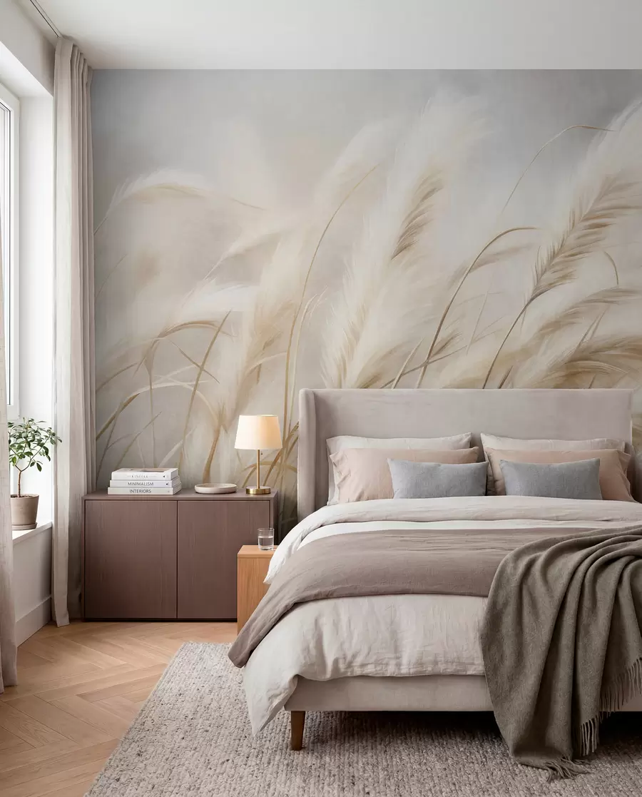 murales de pared Alta hierba de la pampa que se mece suavemente con el viento sobre un fondo suave y apagado; obra de arte con textura w09825