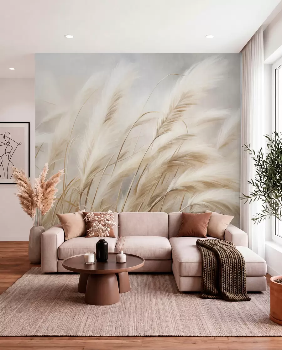 murales de pared Alta hierba de la pampa que se mece suavemente con el viento sobre un fondo suave y apagado; obra de arte con textura w09825
