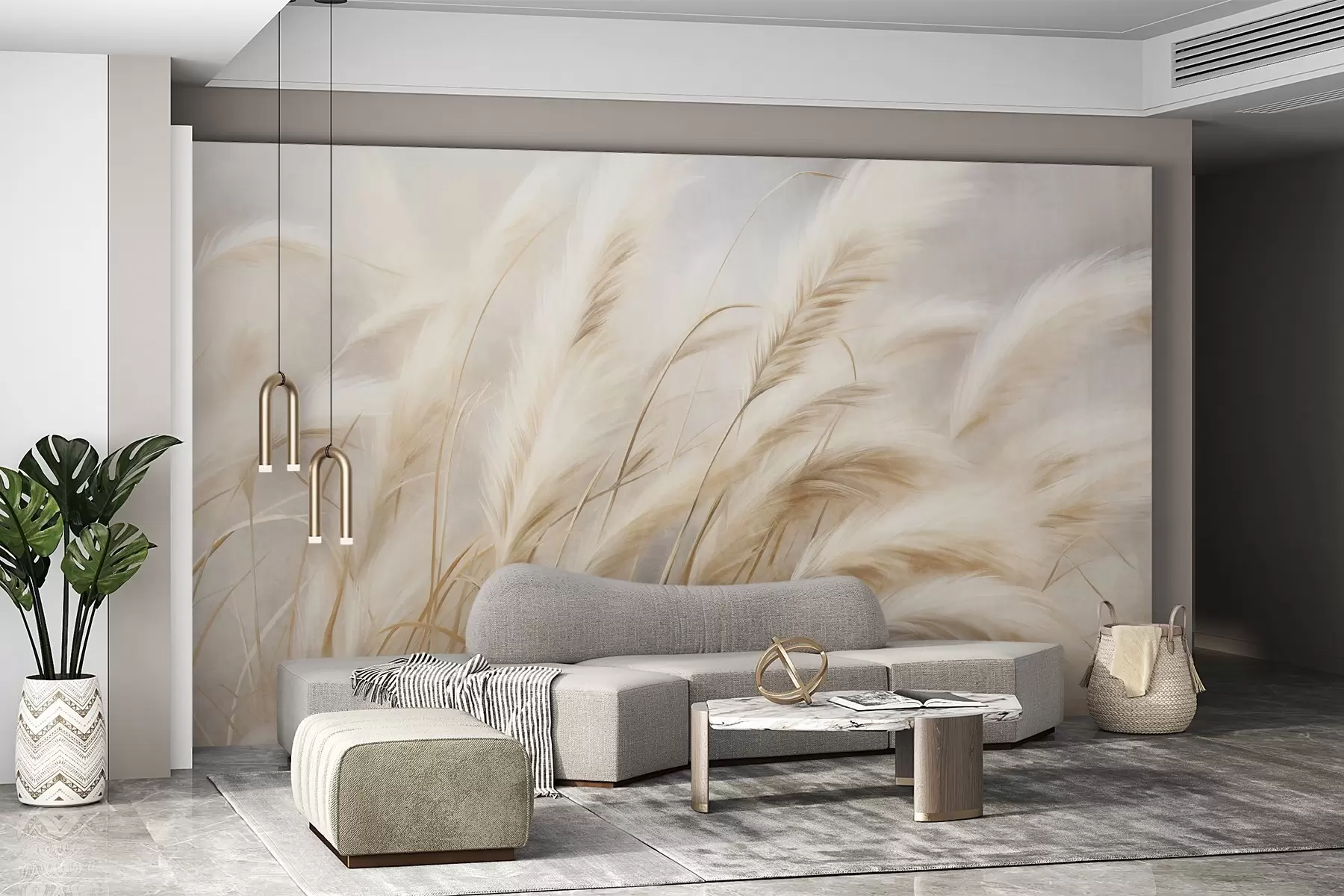 murales de pared Alta hierba de la pampa que se mece suavemente con el viento sobre un fondo suave y apagado; obra de arte con textura w09825