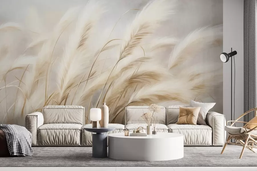 murales de pared Alta hierba de la pampa que se mece suavemente con el viento sobre un fondo suave y apagado; obra de arte con textura w09825