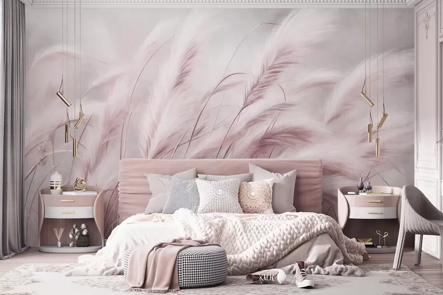 murales de pared Alta hierba de la pampa que se mece suavemente con el viento sobre un fondo suave y apagado; obra de arte con textura w09825v1