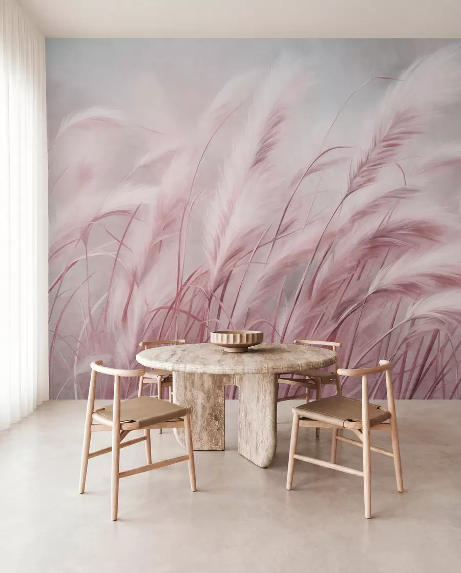 murales de pared Alta hierba de la pampa que se mece suavemente con el viento sobre un fondo suave y apagado; obra de arte con textura w09825v1