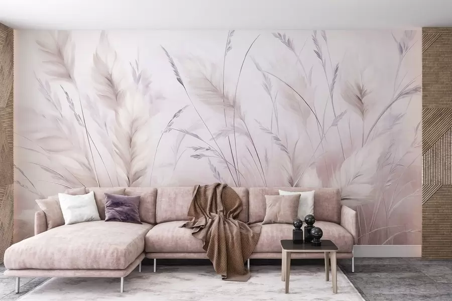 murales de pared Hierbas altas y plumosas que se mecen suavemente sobre un fondo suave y tenue: un delicado arte natural w09831v1