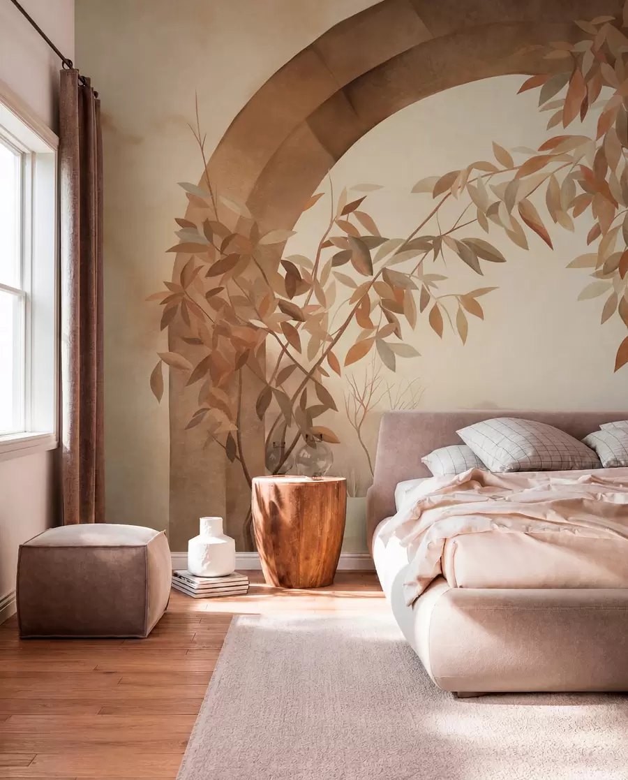 murales de pared Un arco con un paisaje, árboles y follaje en suaves tonos otoñales, obra de arte con textura w09907