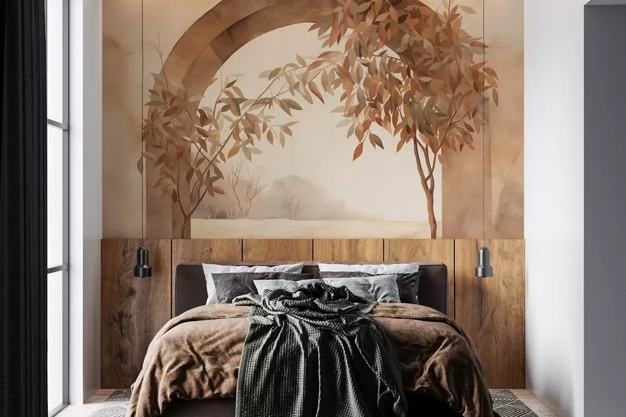 murales de pared Un arco con un paisaje, árboles y follaje en suaves tonos otoñales, obra de arte con textura w09907