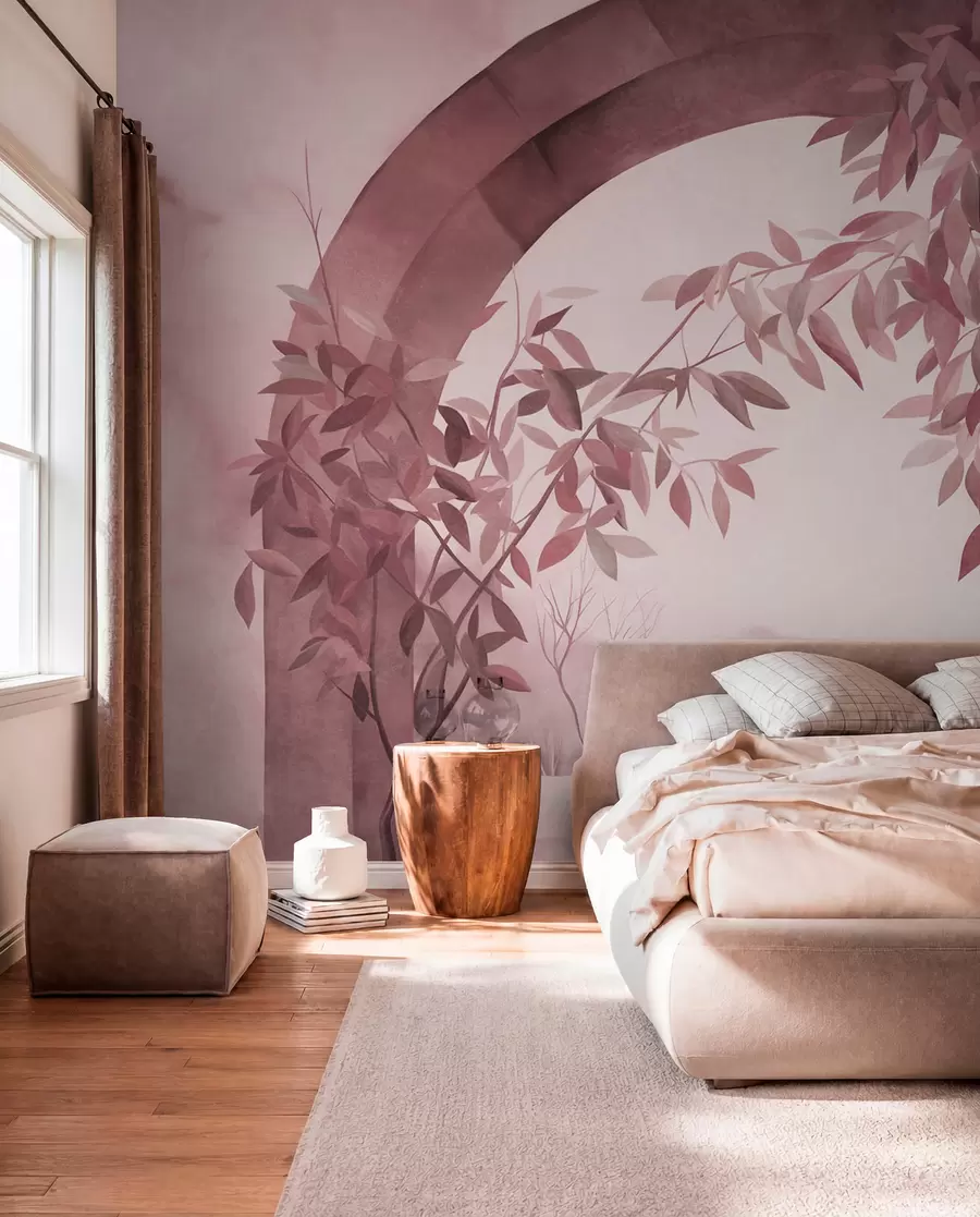 murales de pared Un arco con un paisaje, árboles y follaje en tonos rosas y grises apagados; obra de arte con textura w09907v1
