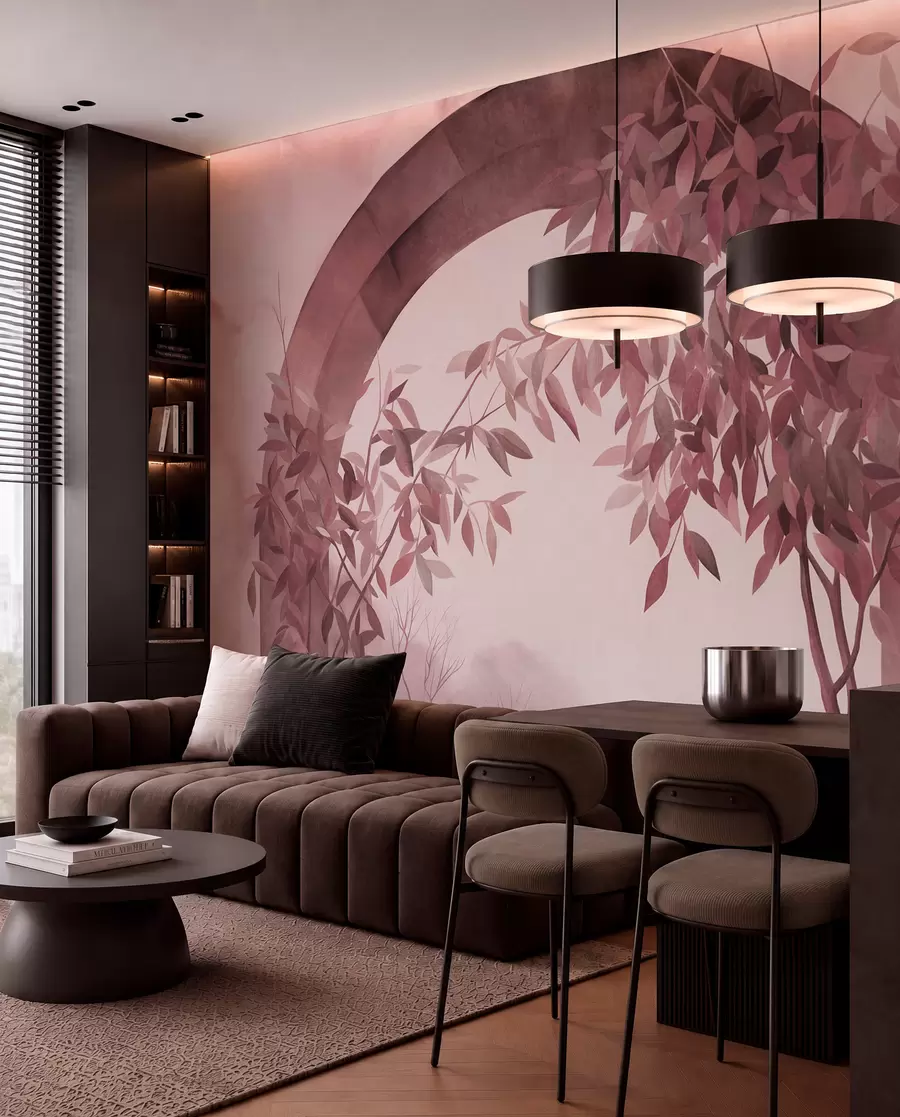 murales de pared Un arco con un paisaje, árboles y follaje en tonos rosas y grises apagados; obra de arte con textura w09907v1