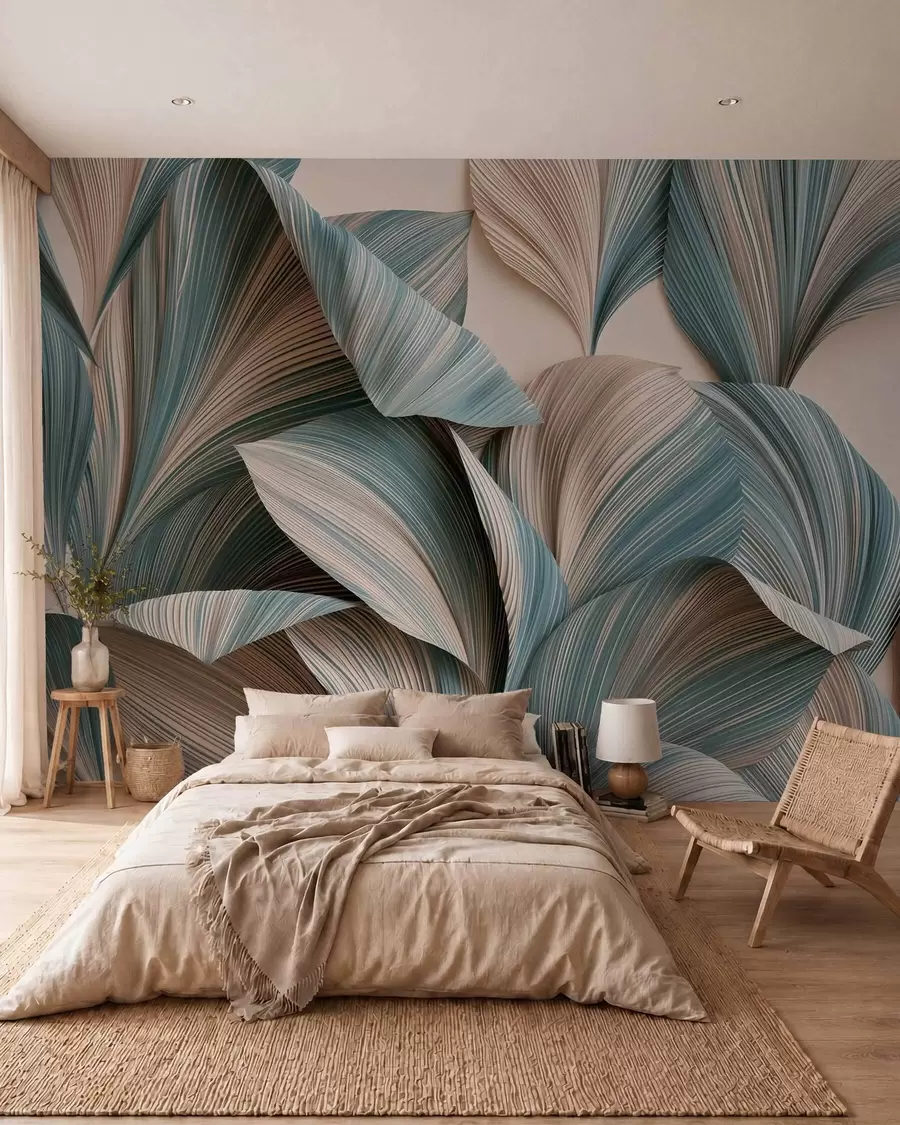 murales de pared Hojas tropicales con volumen en tonos beige y azules suaves w09914