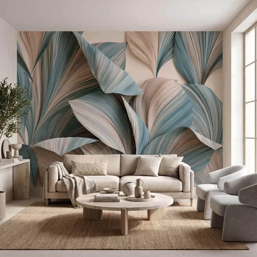 murales de pared Hojas tropicales con volumen en tonos beige y azules suaves w09914