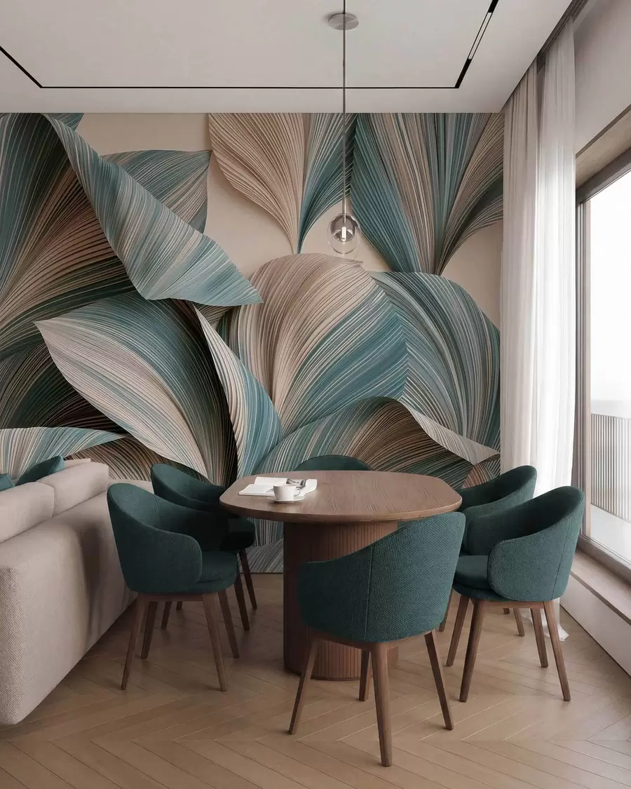 murales de pared Hojas tropicales con volumen en tonos beige y azules suaves w09914