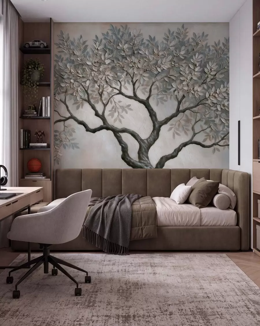 murales de pared Árbol pintado al óleo en tonos grises y beige naturales y tranquilos w09919