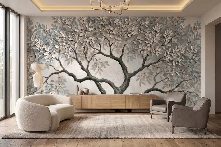 murales de pared Árbol pintado al óleo en tonos grises y beige naturales y tranquilos w09919