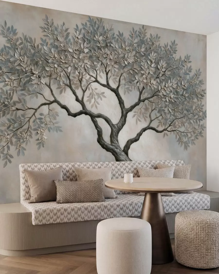 murales de pared Árbol pintado al óleo en tonos grises y beige naturales y tranquilos w09919
