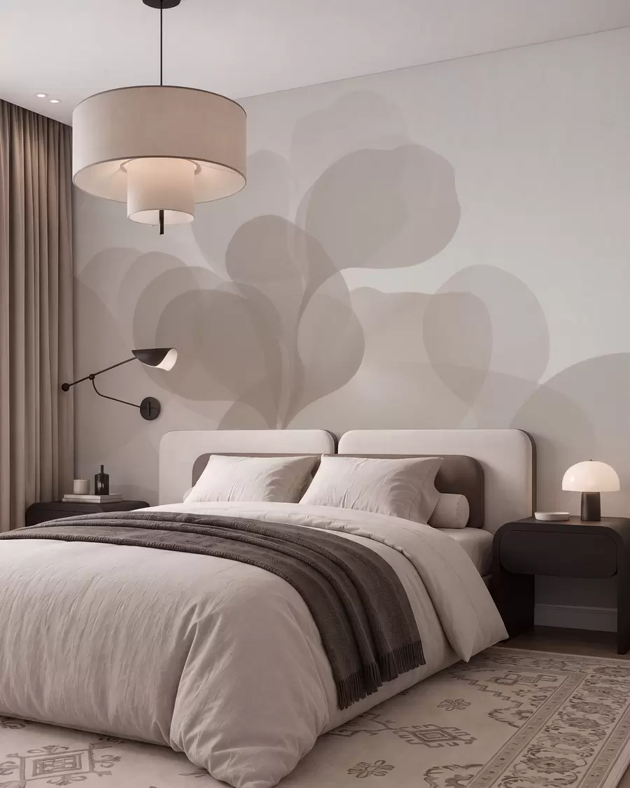 murales de pared Siluetas botánicas abstractas semitransparentes en cálidos tonos beige w09925