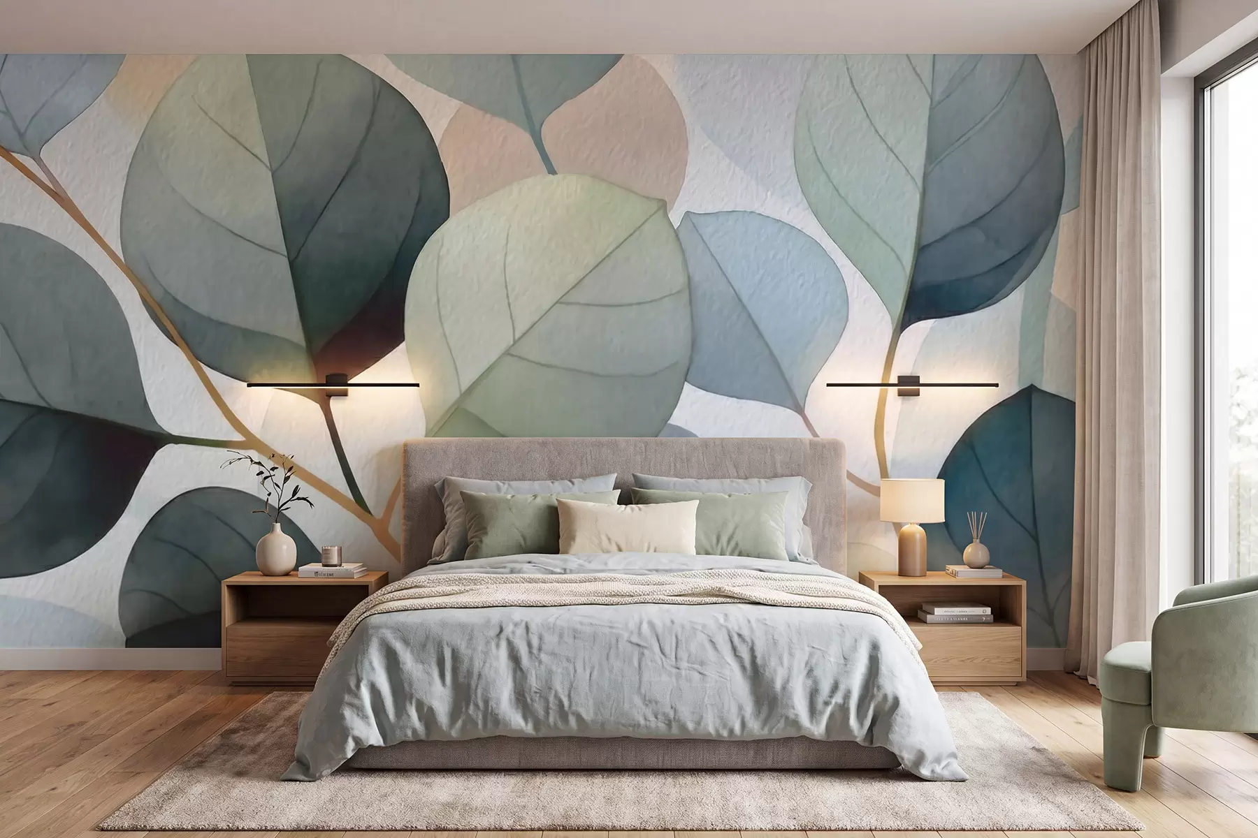 murales de pared Delicadas hojas de eucalipto pintadas en acuarela w09927