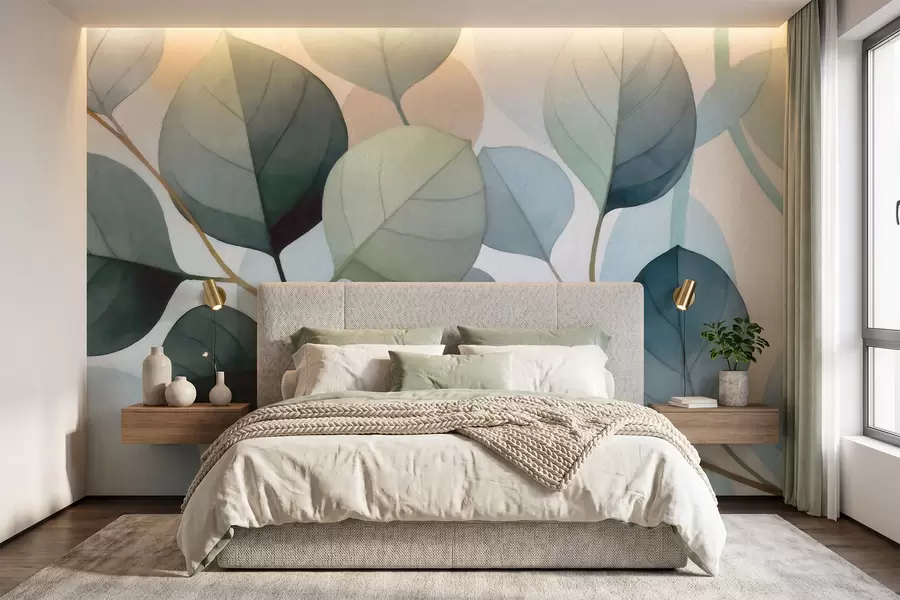 murales de pared Delicadas hojas de eucalipto pintadas en acuarela w09927