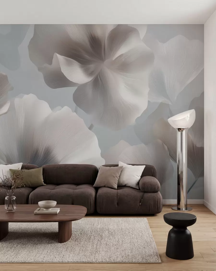 murales de pared Pétalos de flores de seda con volumen en suaves tonos pastel w09928