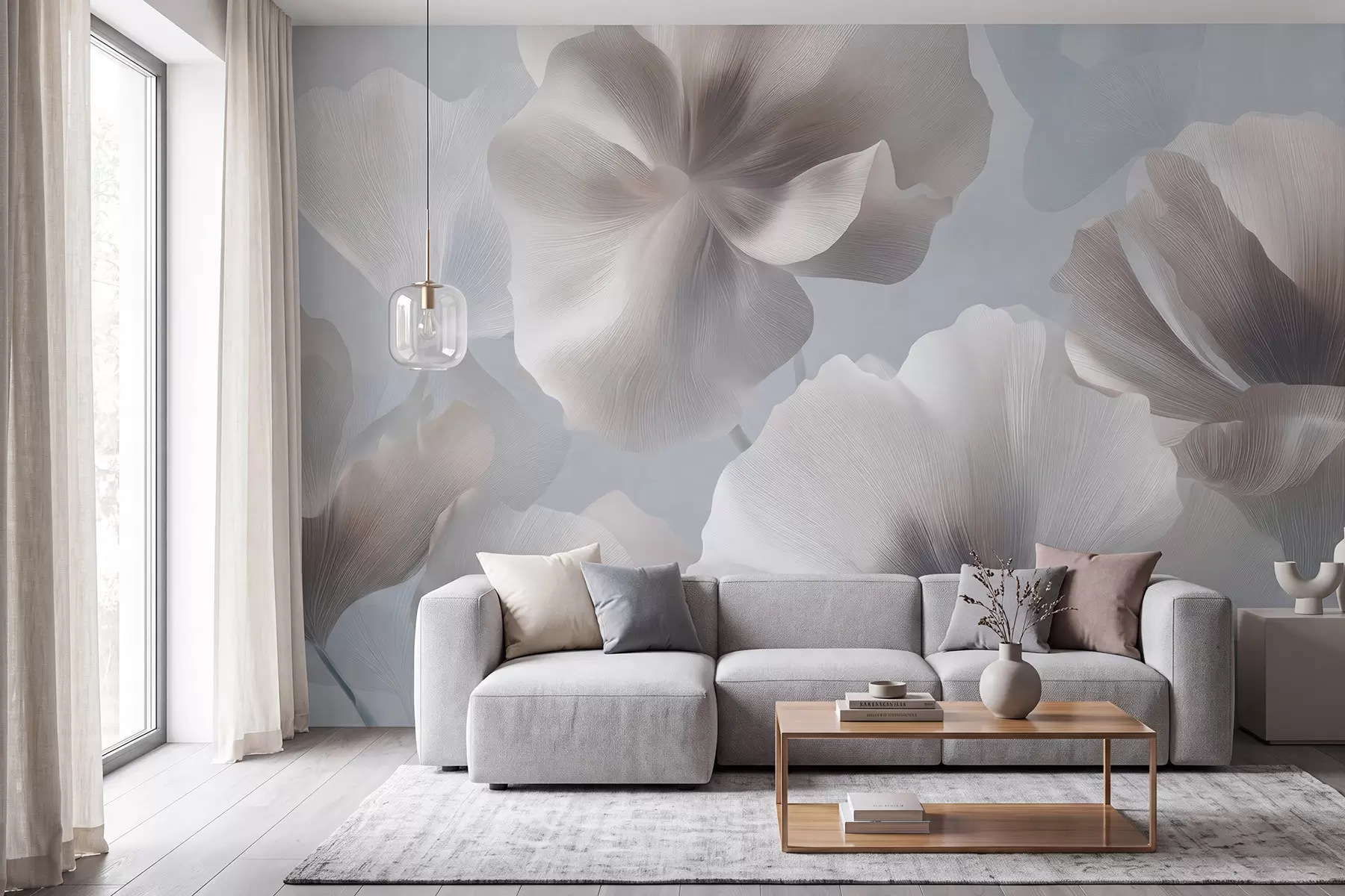 murales de pared Pétalos de flores de seda con volumen en suaves tonos pastel w09928