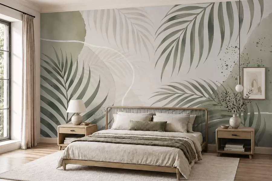 murales de pared Hojas estilizadas sobre un fondo suave y neutro w05728