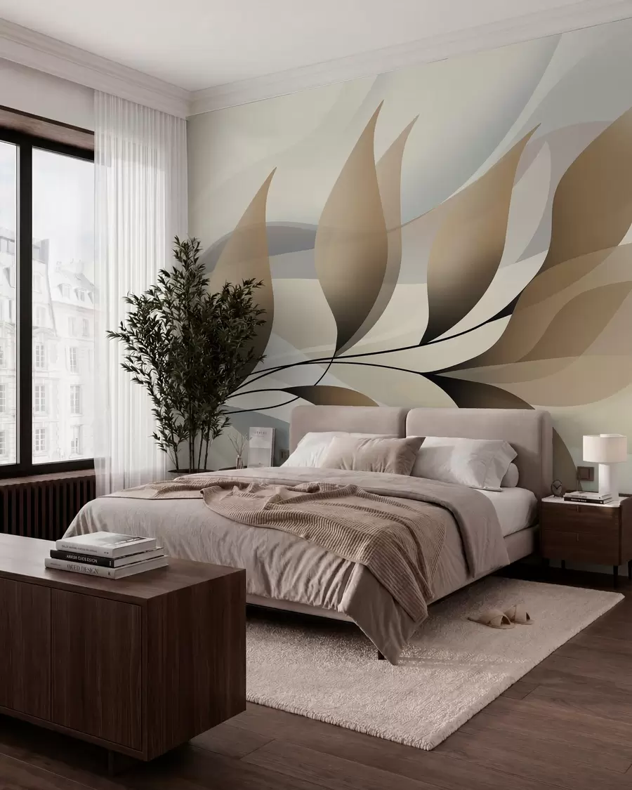 murales de pared una elegante rama con hojas de color beige w05660