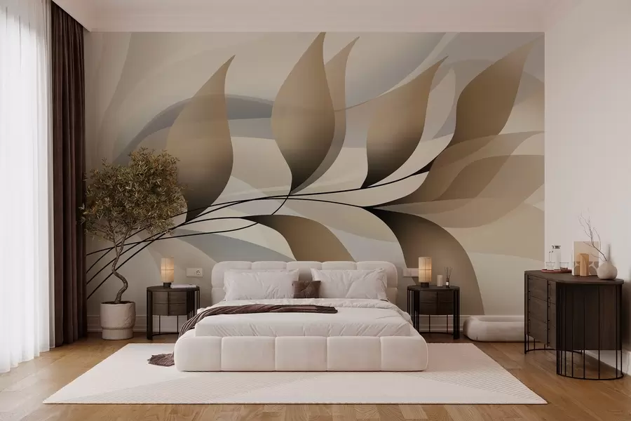 murales de pared una elegante rama con hojas de color beige w05660