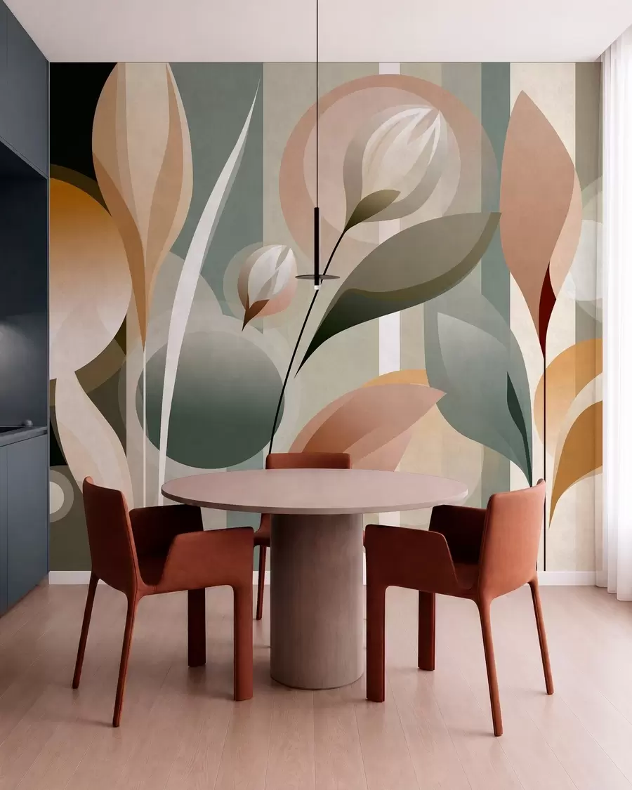 murales de pared una abstracción estilizada en la que aparecen plantas en colores naturales w05750