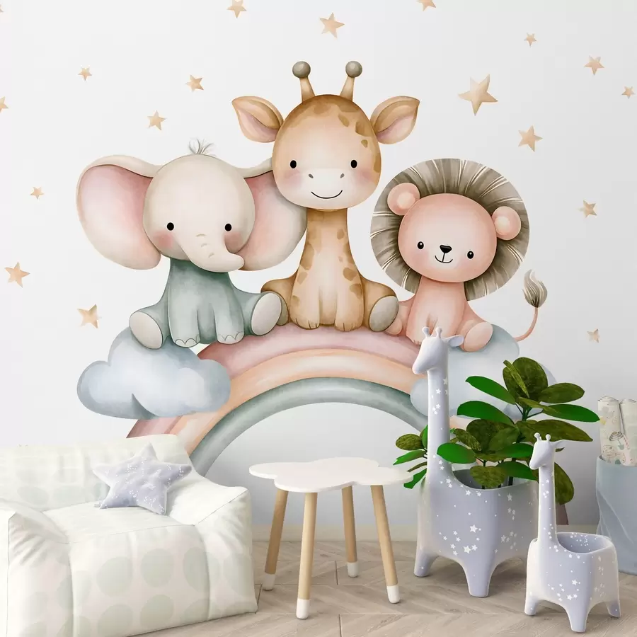 murales de pared un arcoíris con animales entre las estrellas, en estilo acuarela w05752