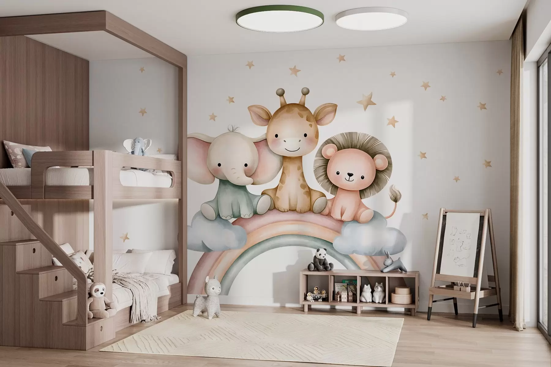 murales de pared un arcoíris con animales entre las estrellas, en estilo acuarela w05752