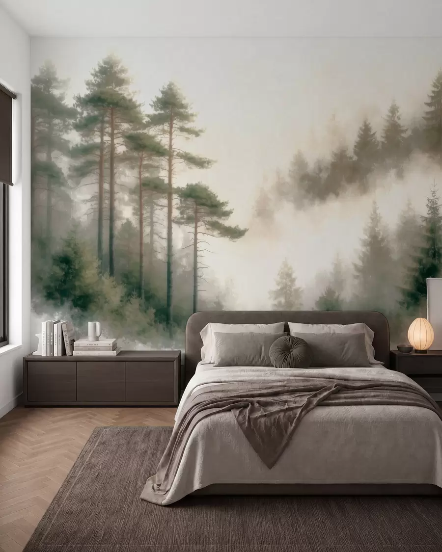 murales de pared Bosque de pinos por la mañana, al estilo de la acuarela w09916