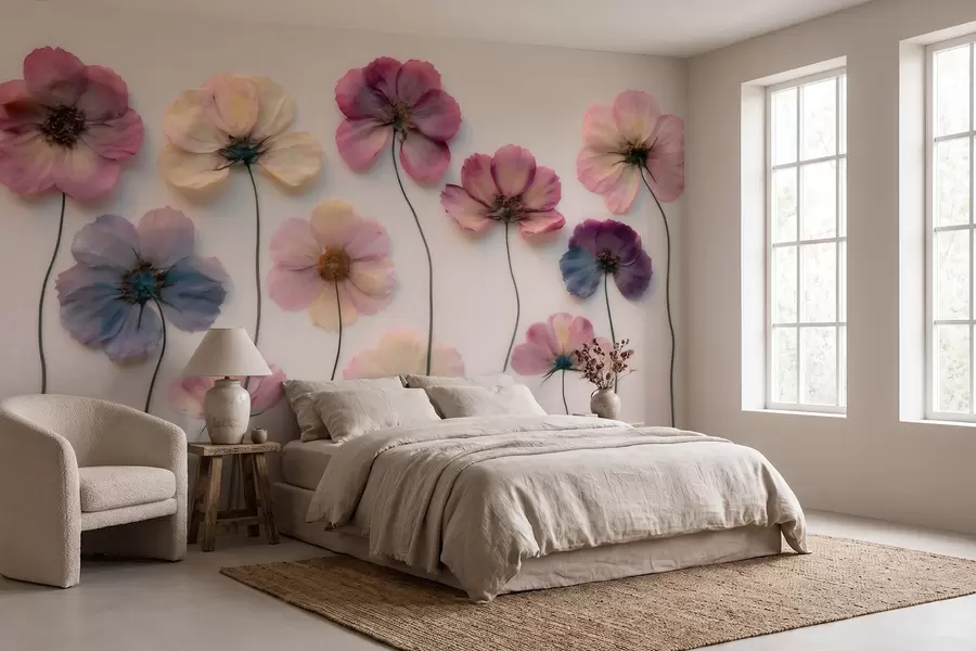 murales de pared Composición de herbario con efecto de flores prensadas y textura en 3D w09911