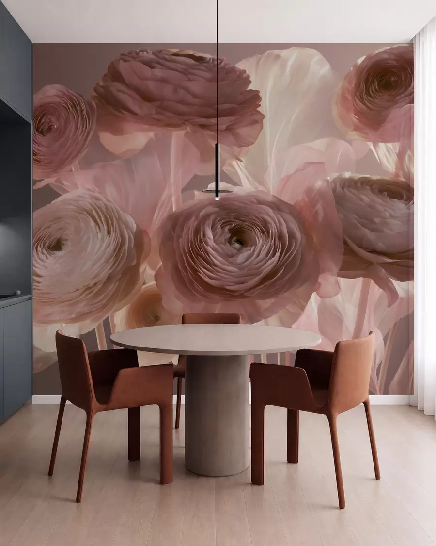 murales de pared Grandes flores de ranúnculo de estilo artístico en suaves tonos rosa y crema w09921