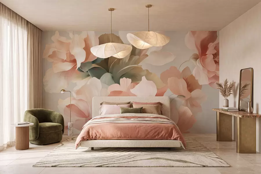 murales de pared Grandes flores artísticas en suaves tonos pastel de color crema, rosa y verde w09935