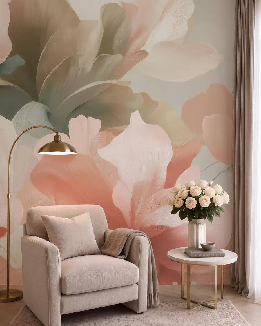 murales de pared Grandes flores artísticas en suaves tonos pastel de color crema, rosa y verde w09935
