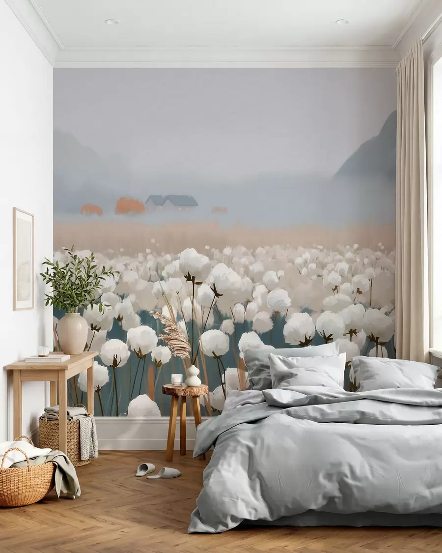murales de pared Campo de algodón en un paisaje brumoso del norte, estilo pictórico w09934