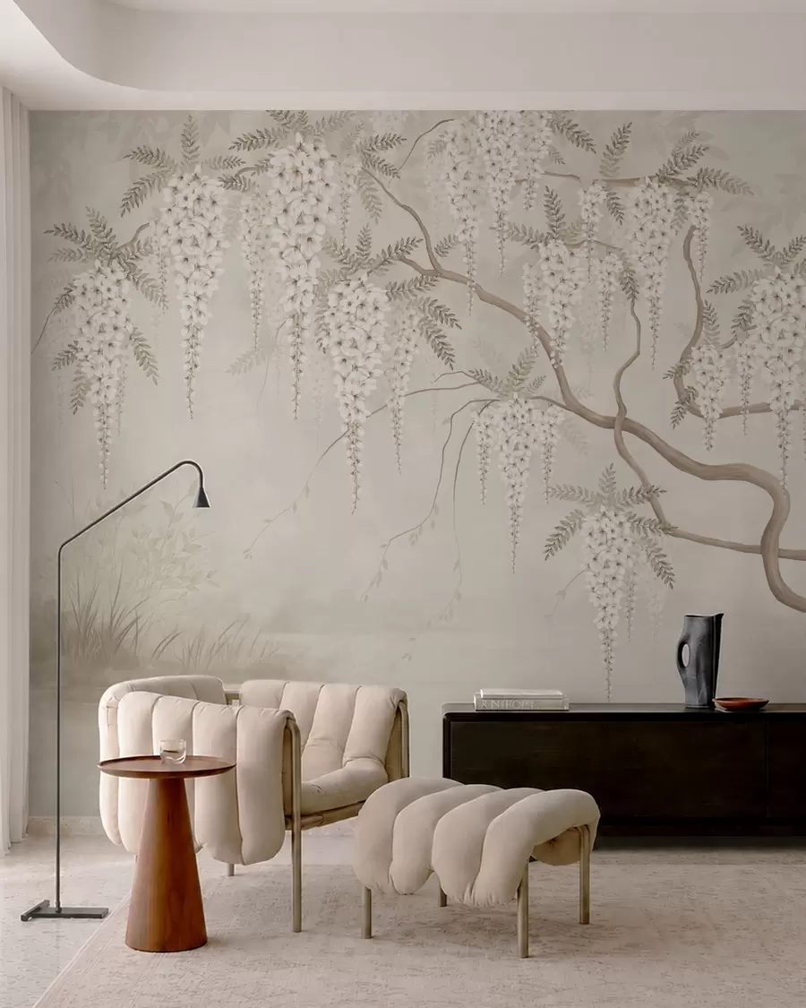 murales de pared Flores blancas que caen en cascada sobre aguas tranquilas w05694