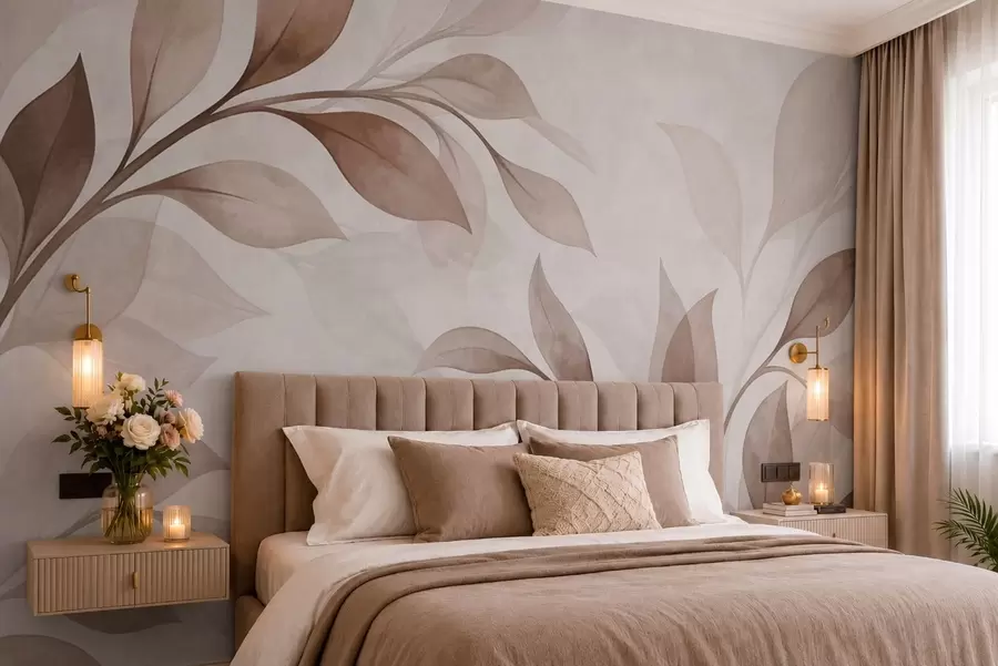 murales de pared Hojas grandes en tonos cálidos de beige y marrón w05693v1